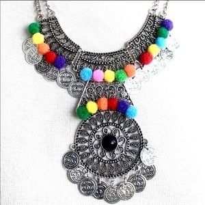 Tribal Boho Silver Tone Necklace with Pom Pom